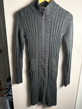 Dex Fresh Heavy Ribbed Knit Long Zip-Front Cardigan Charcoal Sweater Small